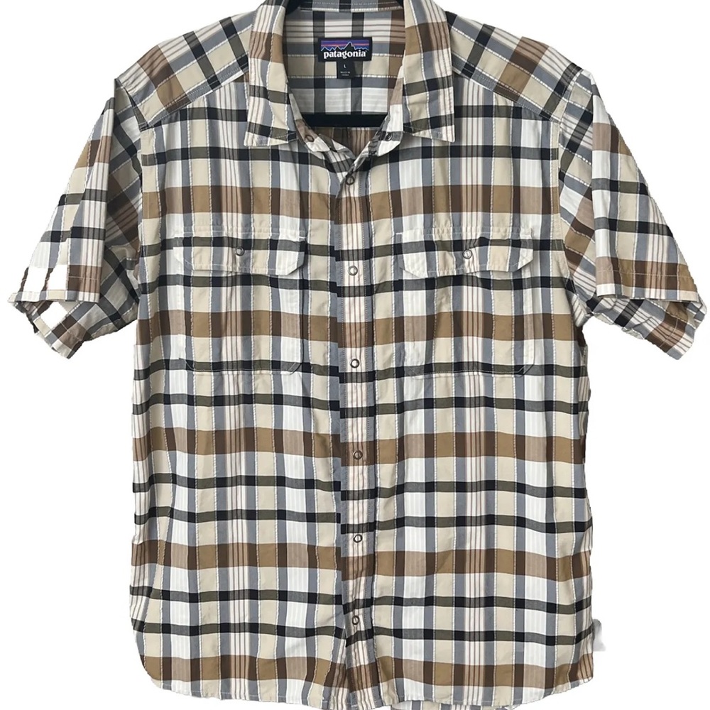 Patagonia Shirt Mens LARGE El Ray Brown Plaid Short Sleeve Button Up
